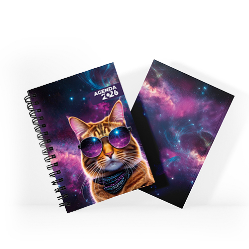 Agenda 2026 tamanho 15x21cm com capa dura em papel empastada com cartão e debrú laminação Prolan, lombada quadrada ou wire-o e miolo pronto